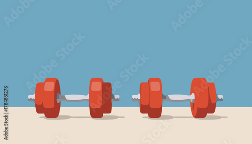 A pair of red dumbbells for fitness and gym workouts. Simple flat design vector illustration. Strength training and bodybuilding equipment concept