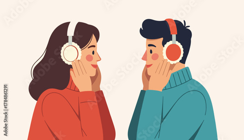 A young couple listening to music on headphones together. Man and woman sharing an audio experience. Flat design vector illustration of a modern relationship and connection
