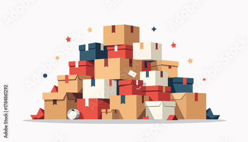 A large pile of cardboard boxes for moving and delivery. Shipping, storage, and logistics concept. Flat vector illustration isolated on a white background