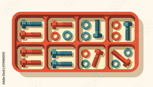 A hardware organizer tray with an assortment of bolts and washers. Flat design vector illustration for DIY, construction, and repair concepts.