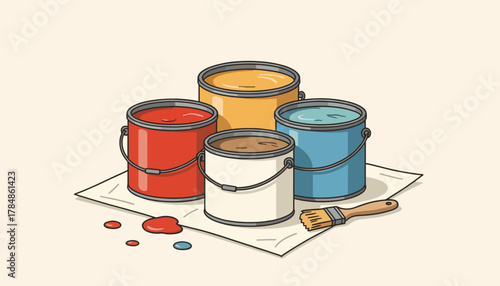 Colorful paint cans and a paintbrush illustration. Home improvement, renovation, and DIY concept. Simple cartoon style vector graphic