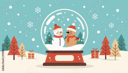 Christmas snow globe with two snowmen vector illustration. Festive winter holiday scene in a flat design style. Seasonal greeting card concept
