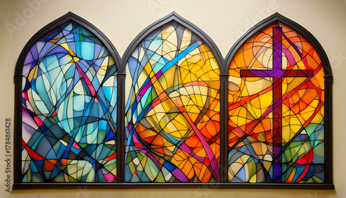 colorful contemporary stained glass in three arches with purple cross 