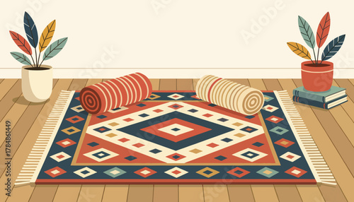 A patterned rug with rolled yoga mats in a cozy room. Flat vector illustration of a home interior for wellness and decor concepts