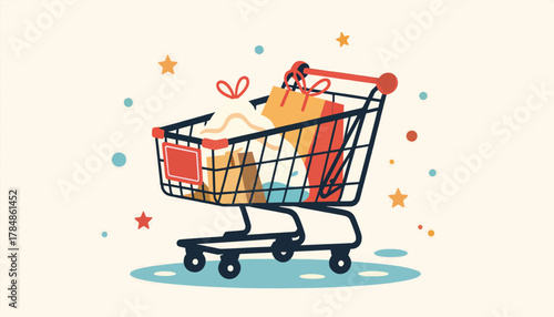 A vector illustration of a shopping cart filled with purchases. Flat design graphic for retail and online stores. Sale and consumerism concept icon