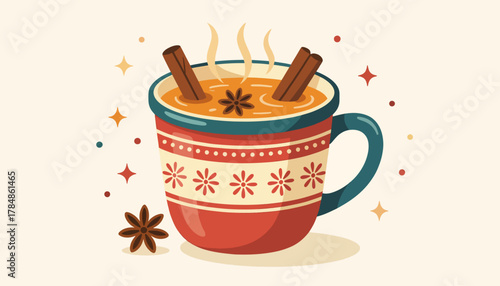 A cozy mug of a hot spiced drink. Flat design vector illustration for autumn and winter. Seasonal beverage with cinnamon and star anise