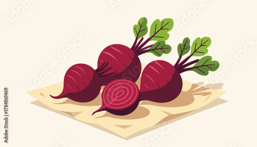 Illustration of fresh beetroots with leaves. Flat design vector graphic of whole and sliced beets. Healthy organic root vegetable for cooking and nutrition concepts.