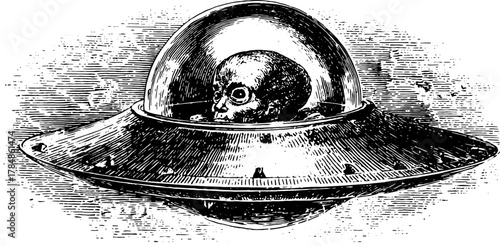 UFO with a skull illustration in vintage engraving style. A retro vector set depicting a creative and monochrome scene.