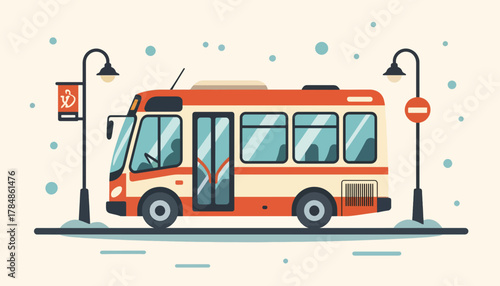 Flat design illustration of a bus at a snowy bus stop. Public transportation and urban transit vector graphic