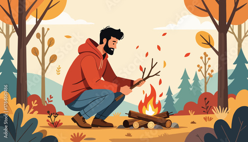 A man building a campfire in an autumn forest. Outdoor camping and adventure concept. Flat design vector illustration