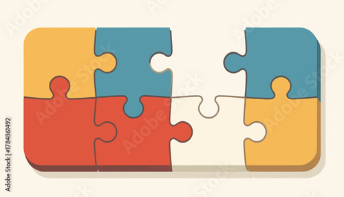 Jigsaw puzzle with a missing piece illustration. Teamwork, strategy, and problem-solving concept. Flat design vector graphic with retro colors
