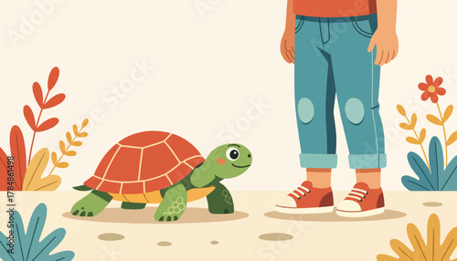 A cartoon illustration of a child meeting a turtle. Flat design vector graphic of a pet tortoise and a boy. Childhood and animal friendship concept