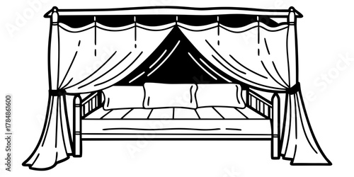 Illustration of a four poster bed with curtains and pillows in a simple line drawing style on transparent background