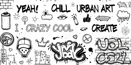 Collection of urban art graffiti elements and phrases including words like chill create and yeah