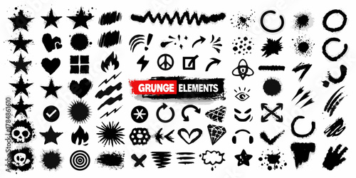 Collection of black grunge elements and icons for design projects