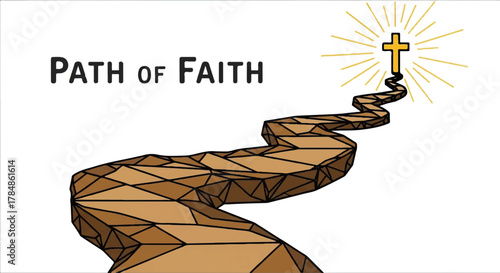 Path of faith vector illustration. A spiritual journey concept with a road leading to a glowing Christian cross. Religious cartoon drawing isolated on white background