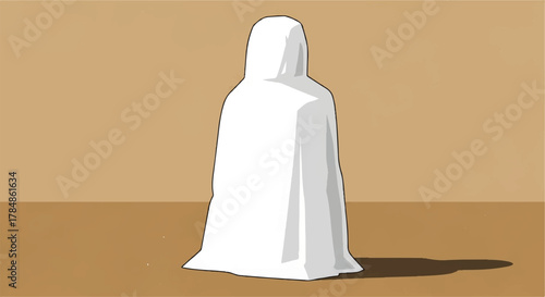 Mysterious figure under a white sheet. Simple cartoon ghost costume illustration. Spooky halloween character vector graphic