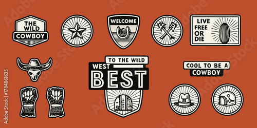Collection of western themed badges and emblems featuring cowboy hats bull skulls axes and inspirational phrases