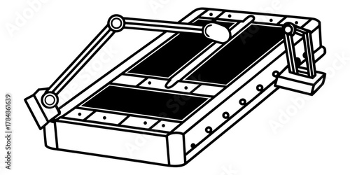 Illustration of a manual tile cutter with a lever and sliding mechanism for scoring and breaking tiles on transparent background