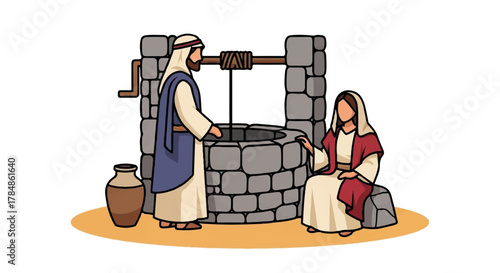 Biblical scene of Jesus and the Samaritan woman at the well. A simple cartoon vector illustration of a christian story
