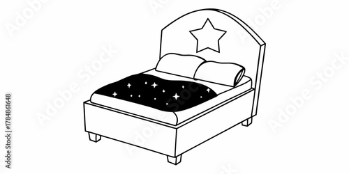 Illustration of a bed with a star on the headboard and a starry blanket in black and white style on transparent background