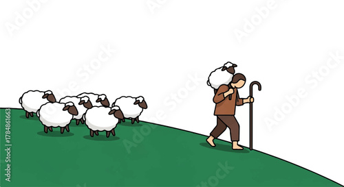 A shepherd carrying a lost sheep with his flock. The biblical parable of the Good Shepherd. Simple cartoon vector illustration