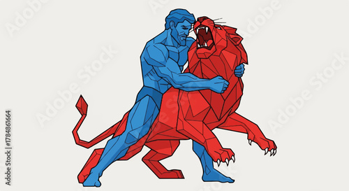 A geometric vector illustration of a man wrestling a lion. Red versus blue concept of power and conflict. Stylized low poly design for a logo or emblem
