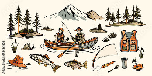 Two men fishing from a canoe surrounded by nature and fishing equipment in a vintage illustration style