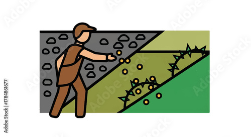 The biblical Parable of the Sower illustration. Christian story of a farmer sowing seeds on different soils. Flat cartoon vector graphic for religious education