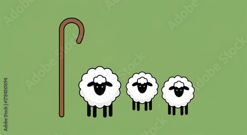 A simple illustration of three cartoon sheep and a shepherd's crook. Minimalist flat design vector graphic. Farm animal and agriculture concept.