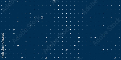 Seamless background pattern of evenly spaced white double arrow symbols of different sizes and opacity. Vector illustration on dark blue background with stars