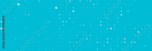 Seamless background pattern of evenly spaced white checkbox symbols of different sizes and opacity. Vector illustration on cyan background with stars