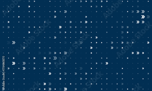 Seamless background pattern of evenly spaced white double arrow symbols of different sizes and opacity. Vector illustration on dark blue background with stars