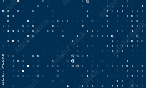 Seamless background pattern of evenly spaced white double arrow symbols of different sizes and opacity. Vector illustration on dark blue background with stars