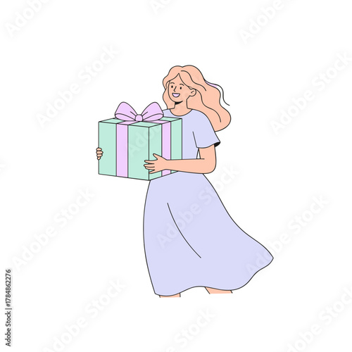 A Joyful Woman in a Light Blue Dress Carries a Wrapped Gift Box Tied with a Pink Ribbon A Festive Celebration Concept Flat Design