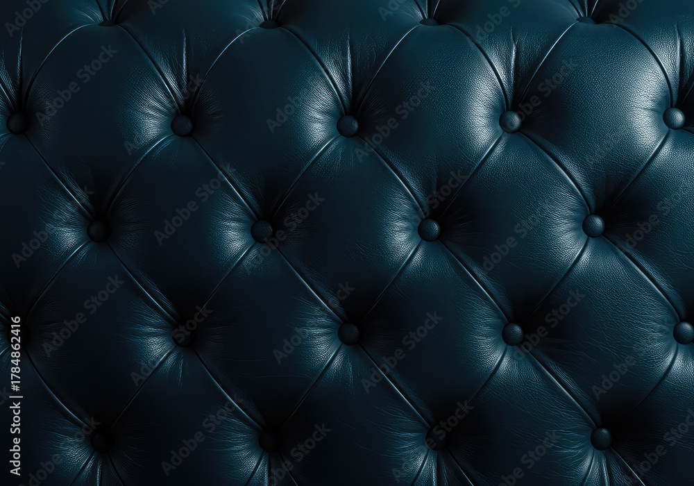 Fototapeta premium Elegant close up view of a deep blue leather chesterfield sofa showcasing the iconic diamond tufting pattern and luxurious texture of the upholstery ,sofa ,comfortable ,antique