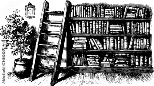 Antique books on a shelf with a ladder and a plant. Hand-drawn vector illustration in black outline style.