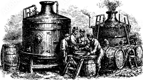 Engraving of an antique distillery scene. Detailed vector illustration showing men working with barrels and machinery in a vintage style.