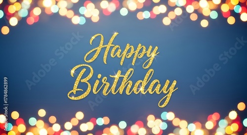 Happy birthday greeting card with sparkling lights and dark blue background