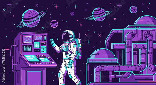 Astronaut exploring distant planets futuristic vector illustration exploration theme space travel