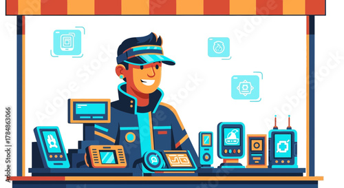 Cartoon seller man in a shop selling different types of electronic devices digital technologies