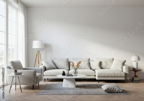 A bright, modern living space featuring comfortable minimalist furniture, large windows offering natural light, and aesthetic decorative elements ,relaxed ,upscale ,luxury