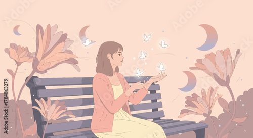 Dreamy pastel illustration of a woman on a bench with butterflies and moon phases