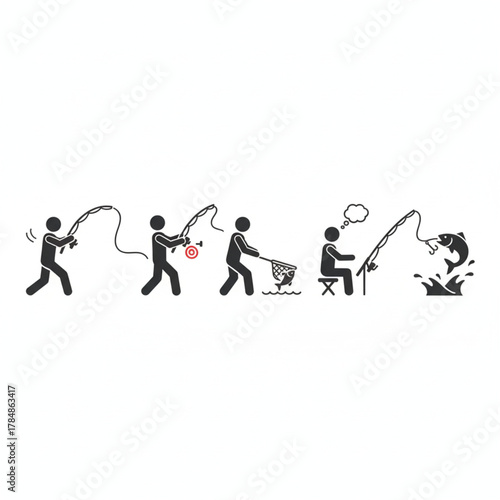 A sequence of stick figure icons depicting the complete process of fishing, from casting the line and using a net to successfully catching a large fish