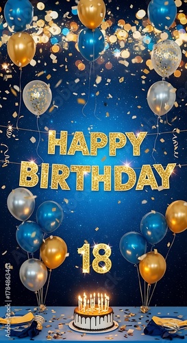 Happy birthday greeting card with balloons confetti and cake celebration