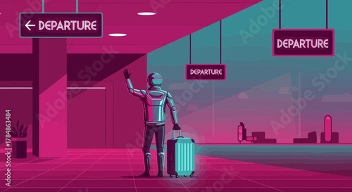 Futuristic airport scene with a robot traveler saying goodbye at departures terminal