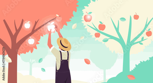 Illustration of a farmer harvesting apples from an orchard with vibrant trees