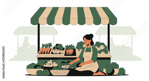 Illustration of a female vendor at a vibrant farmers market stall with fresh produce and vegetables