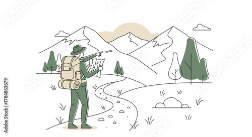 Illustration of a hiker using a map while trekking through a mountain landscape offering a sense