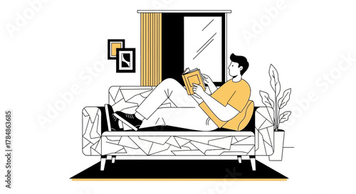 Illustration of a man relaxing on a sofa at home reading a book enjoying leisure